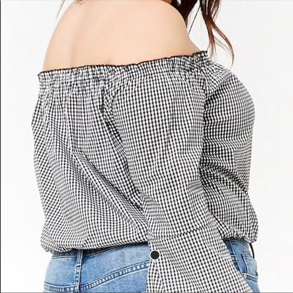 Black and white gingham print off the shoulder top - Picture 3 of 4